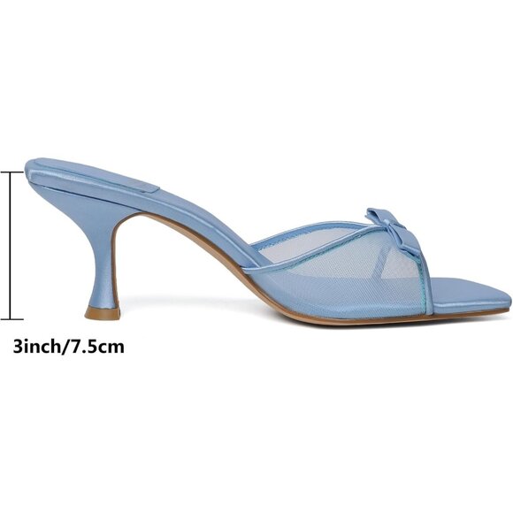 Women's Blue Round Toe Heels With Bow Vintage Mules Sexy Slip on Stiletto - Picture 4 of 9